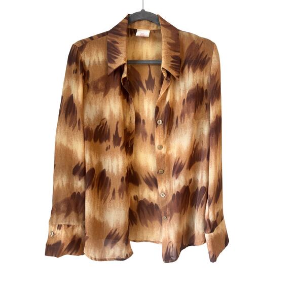 Vintage Brown Abstract Print Button-Down Blouse Women’s Size 8 - Picture 2 of 7